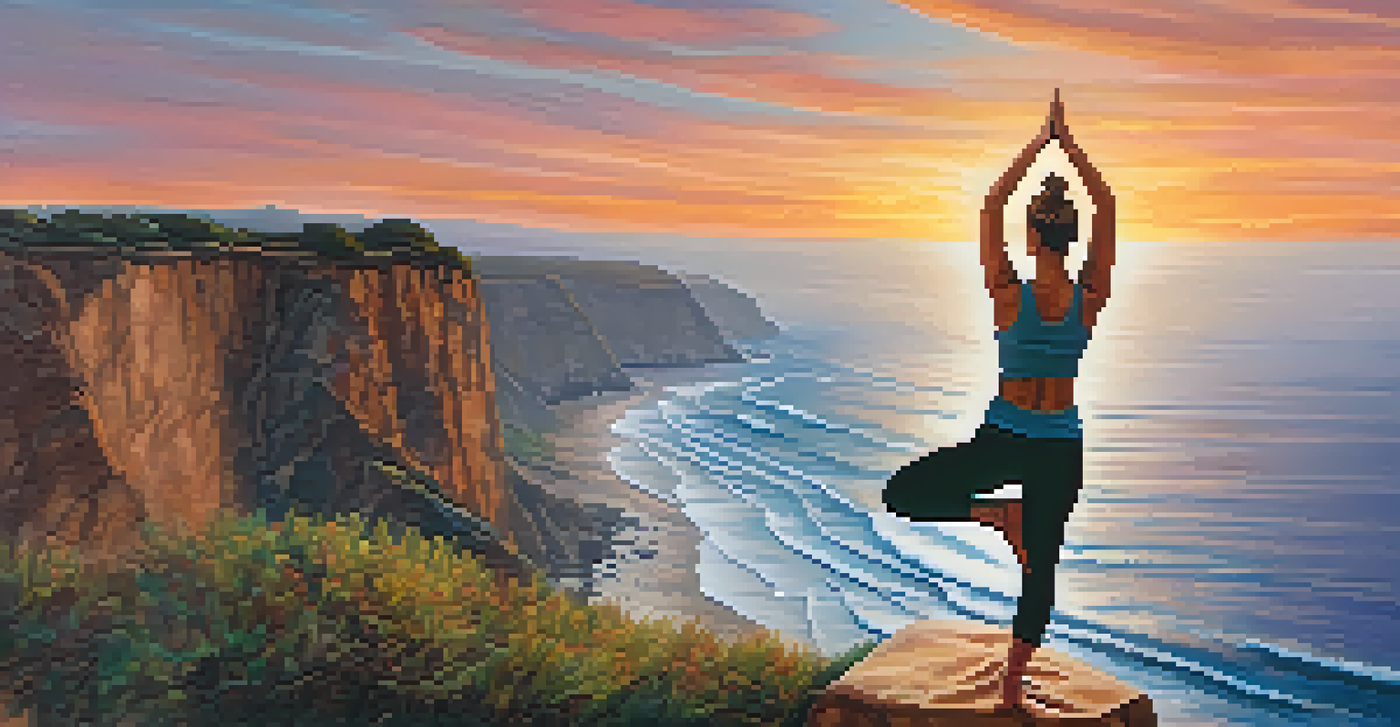 A person practicing yoga on a cliffside at sunset, with vibrant sky colors reflecting on the ocean.