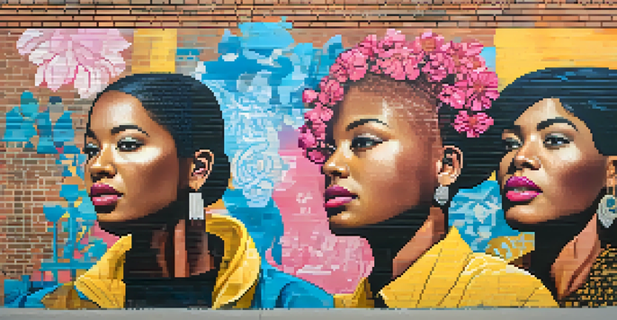 A colorful street mural showcasing diverse individuals expressing their gender identities, surrounded by flowers and abstract shapes.