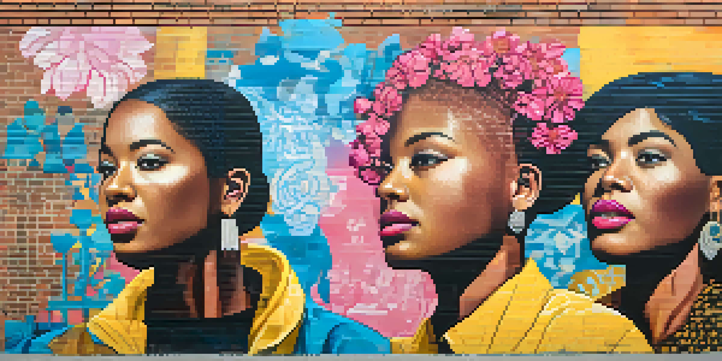 A colorful street mural showcasing diverse individuals expressing their gender identities, surrounded by flowers and abstract shapes.