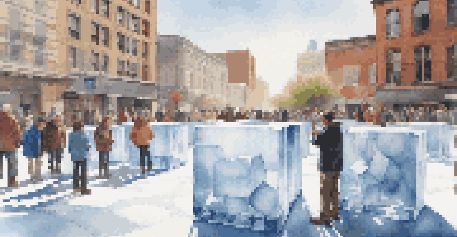 An art installation with melting ice blocks in a city square, with people interacting and taking photos.