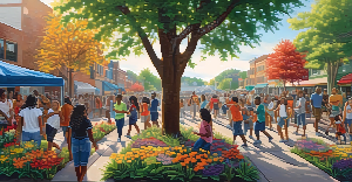 A colorful mural featuring diverse individuals participating in art activities, surrounded by flowers and greenery, with sunlight filtering through the leaves.