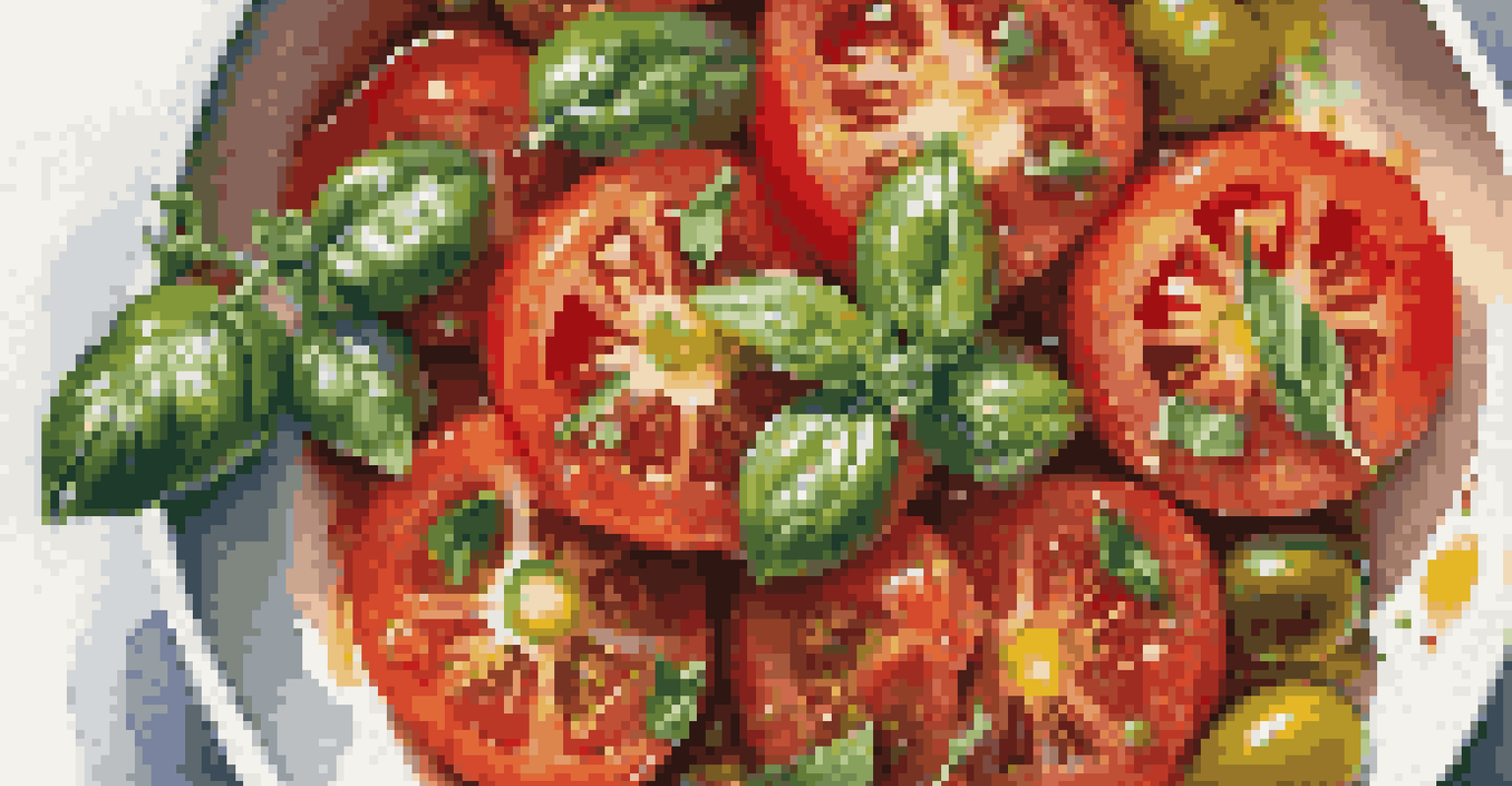 A vibrant tomato salad with tomatoes and basil arranged in a white bowl, drizzled with olive oil.