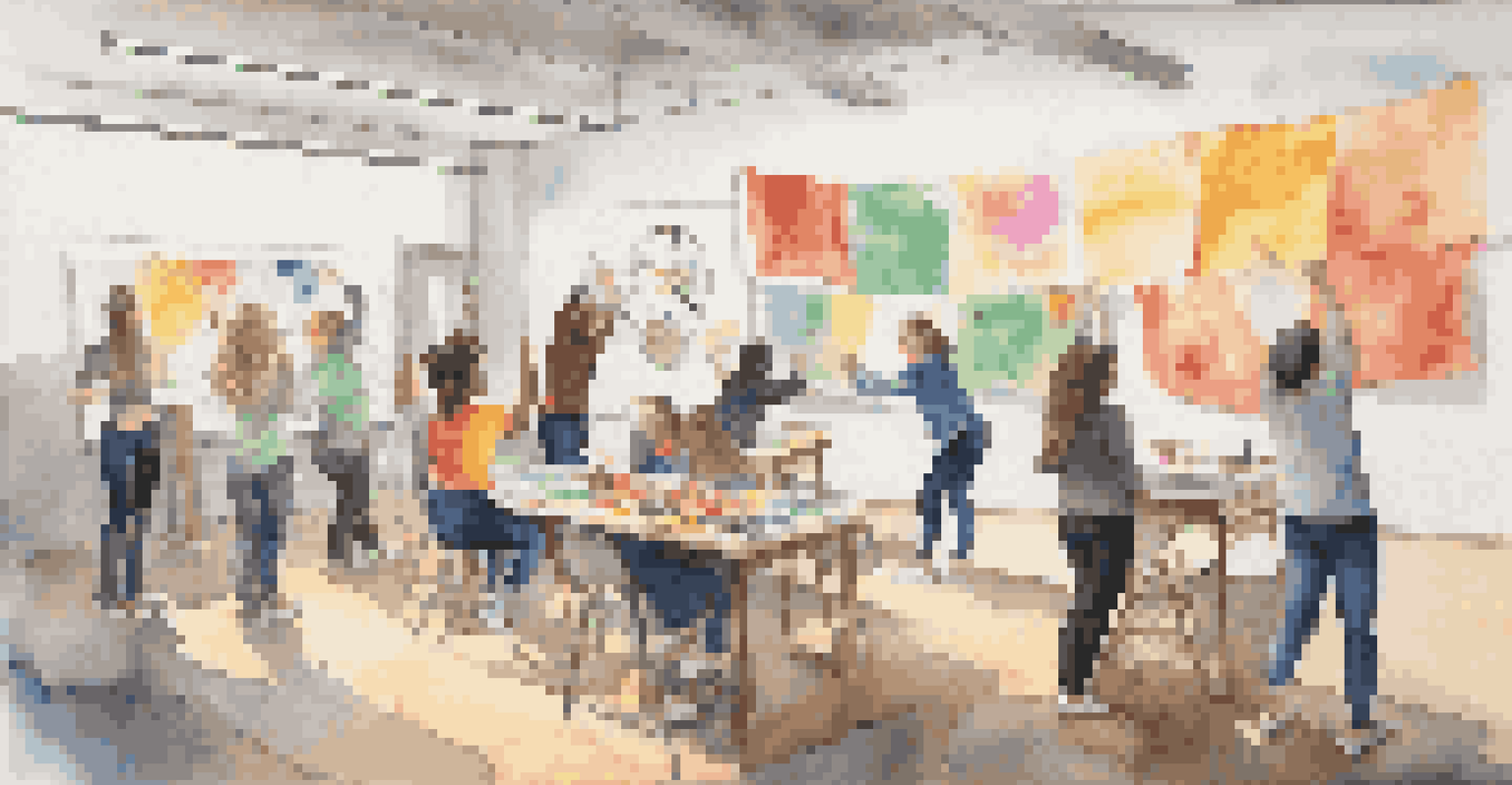Students collaborating in an art workshop, creating a performance piece with colorful banners and art supplies around them.