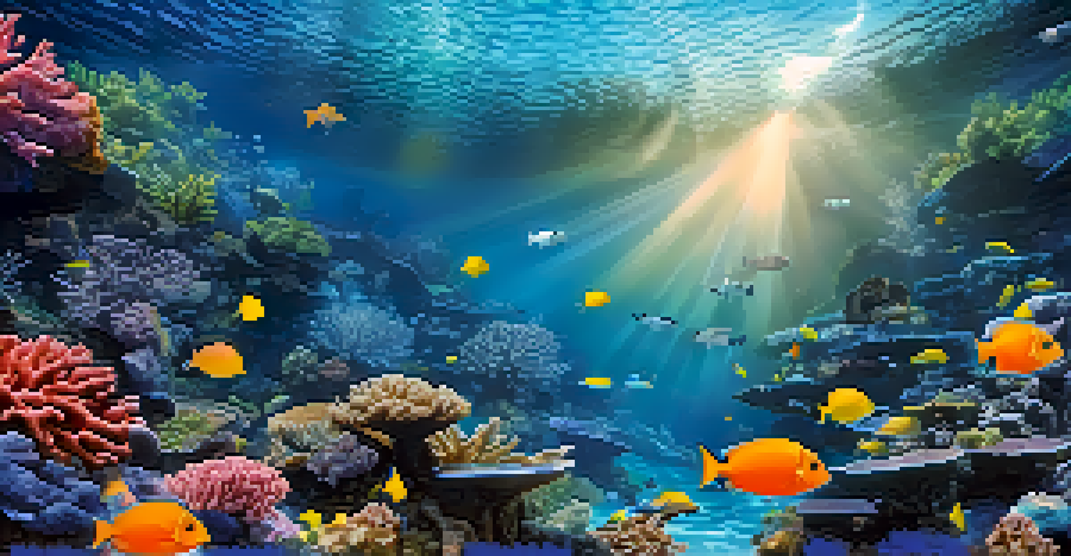 A virtual reality scene of an underwater world with coral reefs and marine life, illuminated by soft blue light.