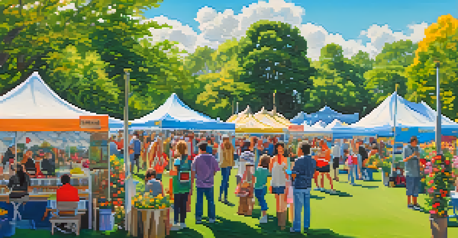 An outdoor art festival in a park with local artists showcasing their work and visitors enjoying the event.