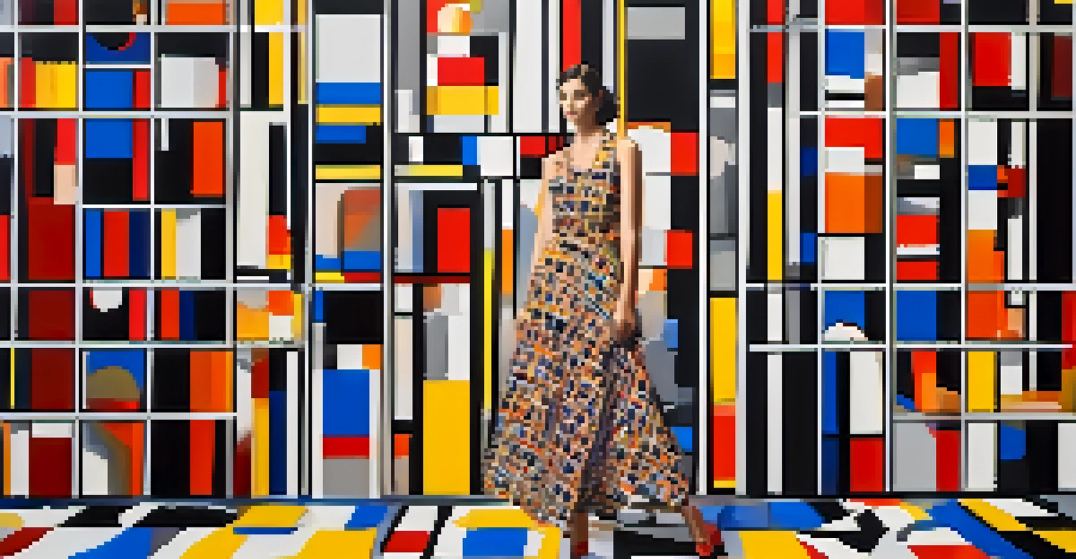 A model poses in a dress with geometric patterns, standing before a large canvas with bold colors and shapes.