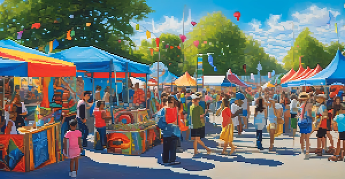 A lively outdoor art festival with artists displaying their work and attendees enjoying various activities under a clear blue sky.