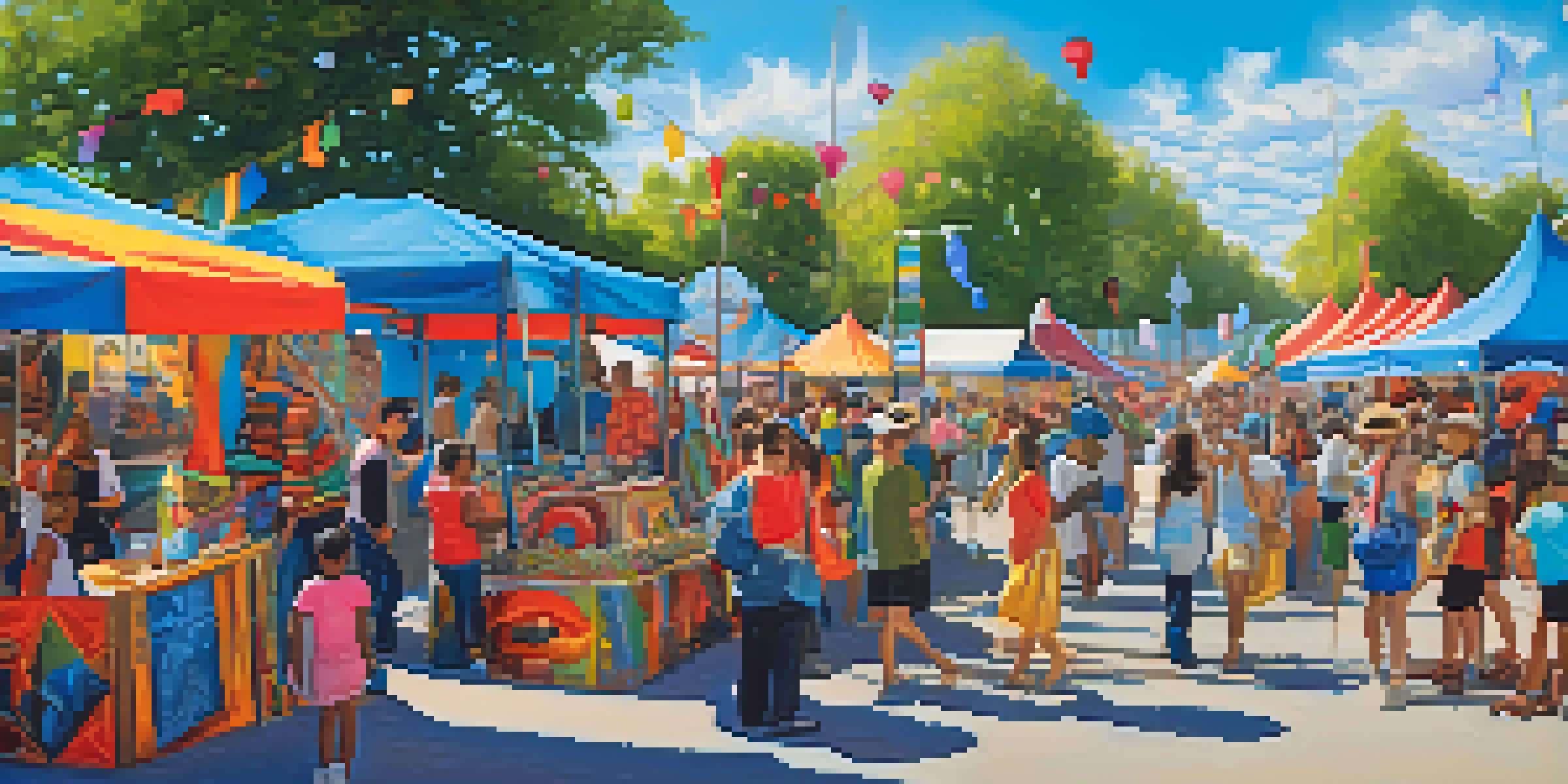 A lively outdoor art festival with artists displaying their work and attendees enjoying various activities under a clear blue sky.
