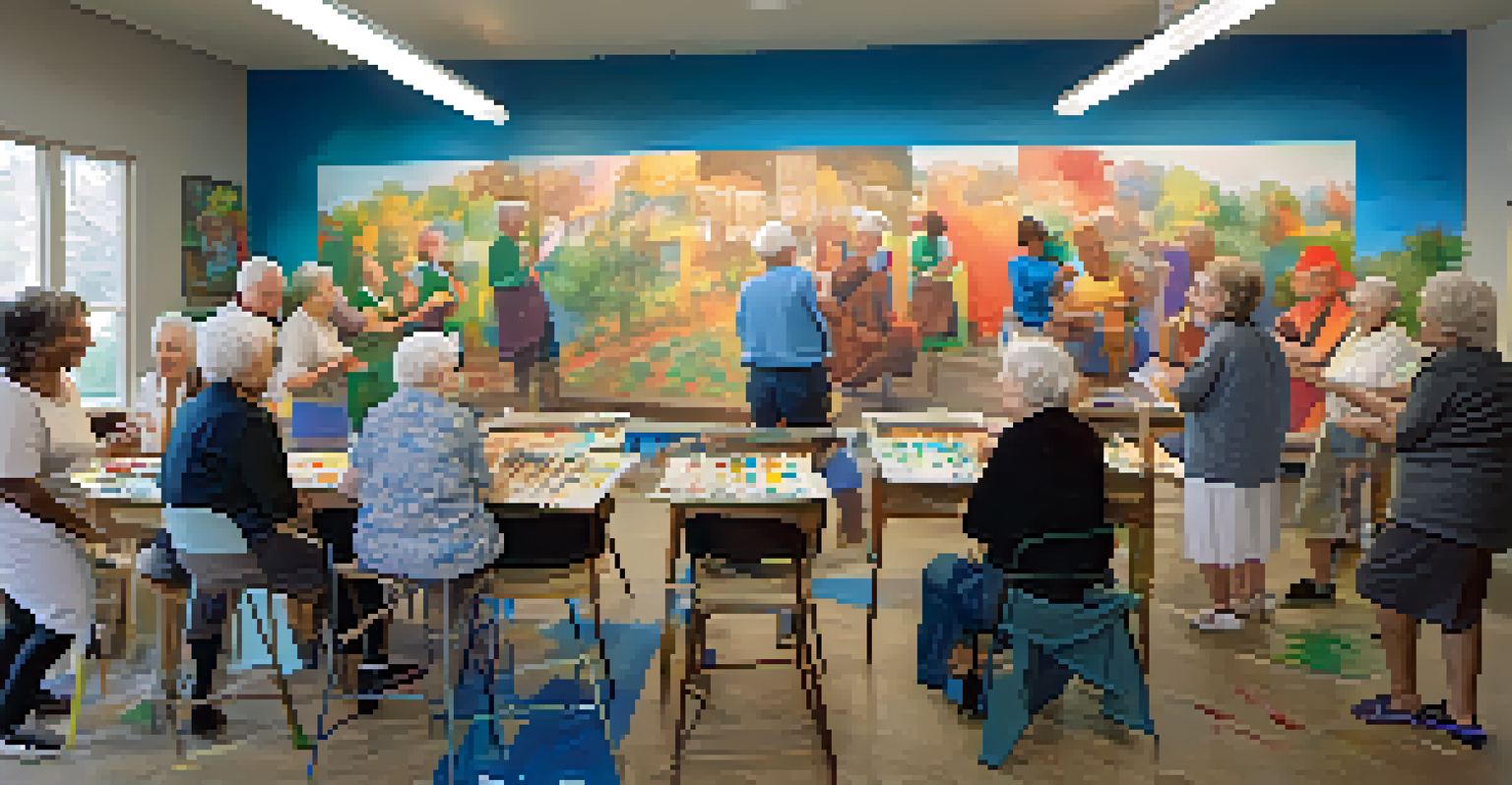 Seniors collaborating on a colorful mural in a lively art class.