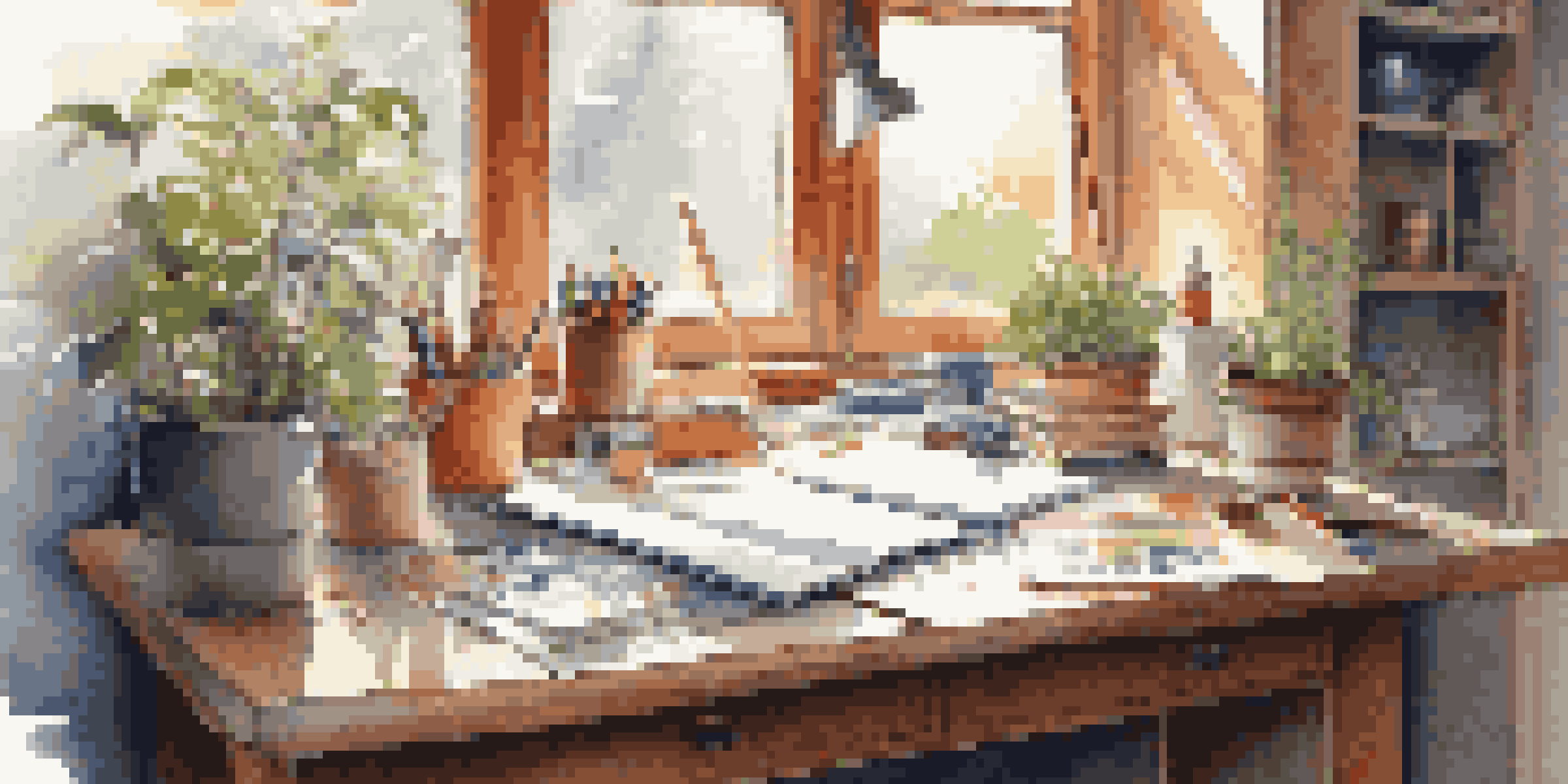 A bright artist's workspace with a sketchbook, colorful art supplies, and sunlight streaming through a window.