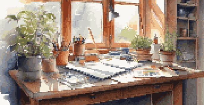 A bright artist's workspace with a sketchbook, colorful art supplies, and sunlight streaming through a window.