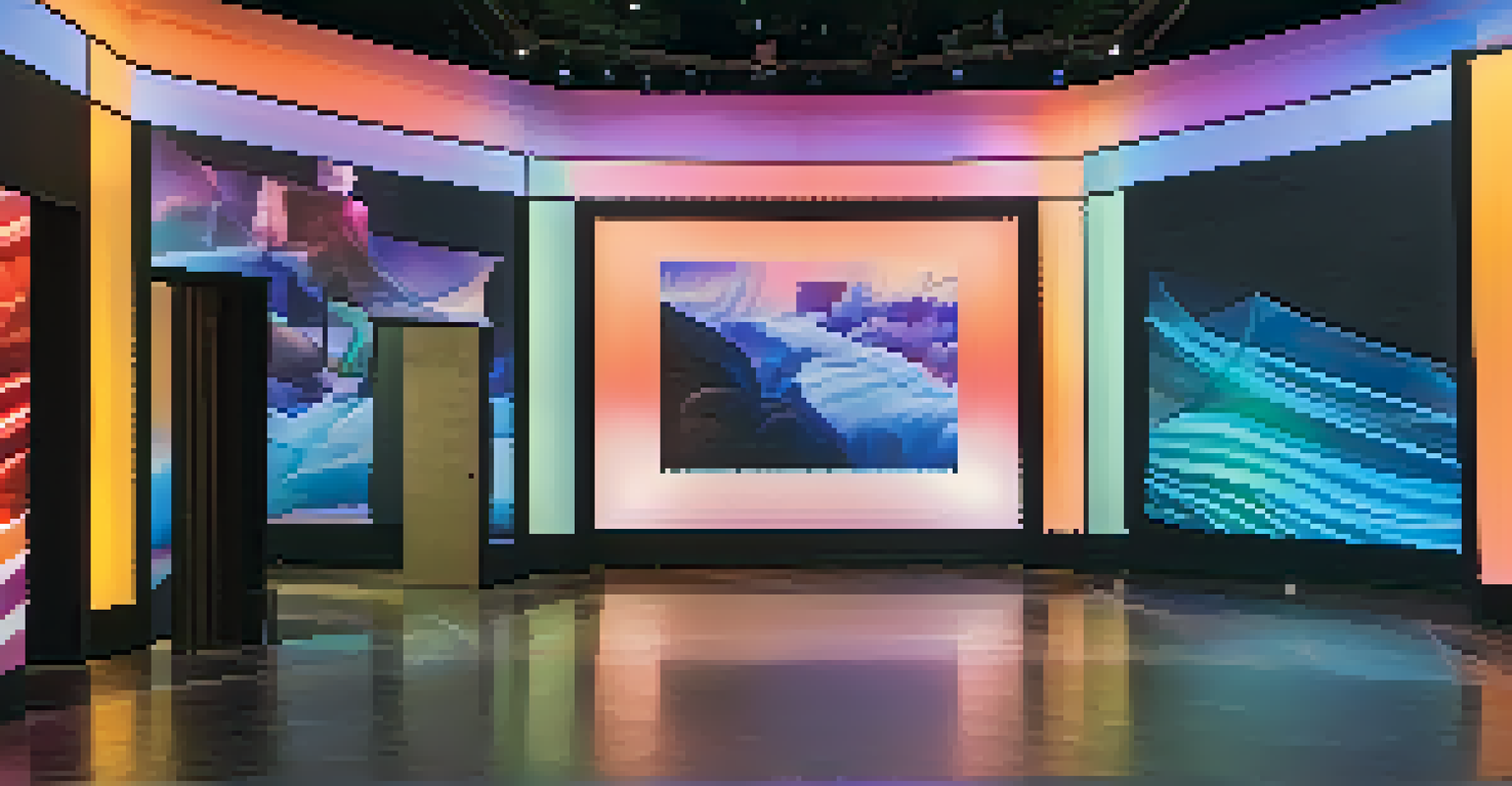 A multi-sensory art installation with colorful projections and soft soundscapes, inviting viewers to engage with the art.