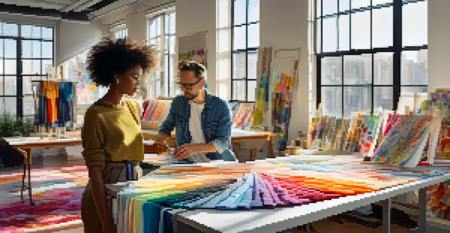 An artist and a fashion designer collaborating in a bright studio, with sketches and fabric swatches around them, creating a lively atmosphere of creativity.