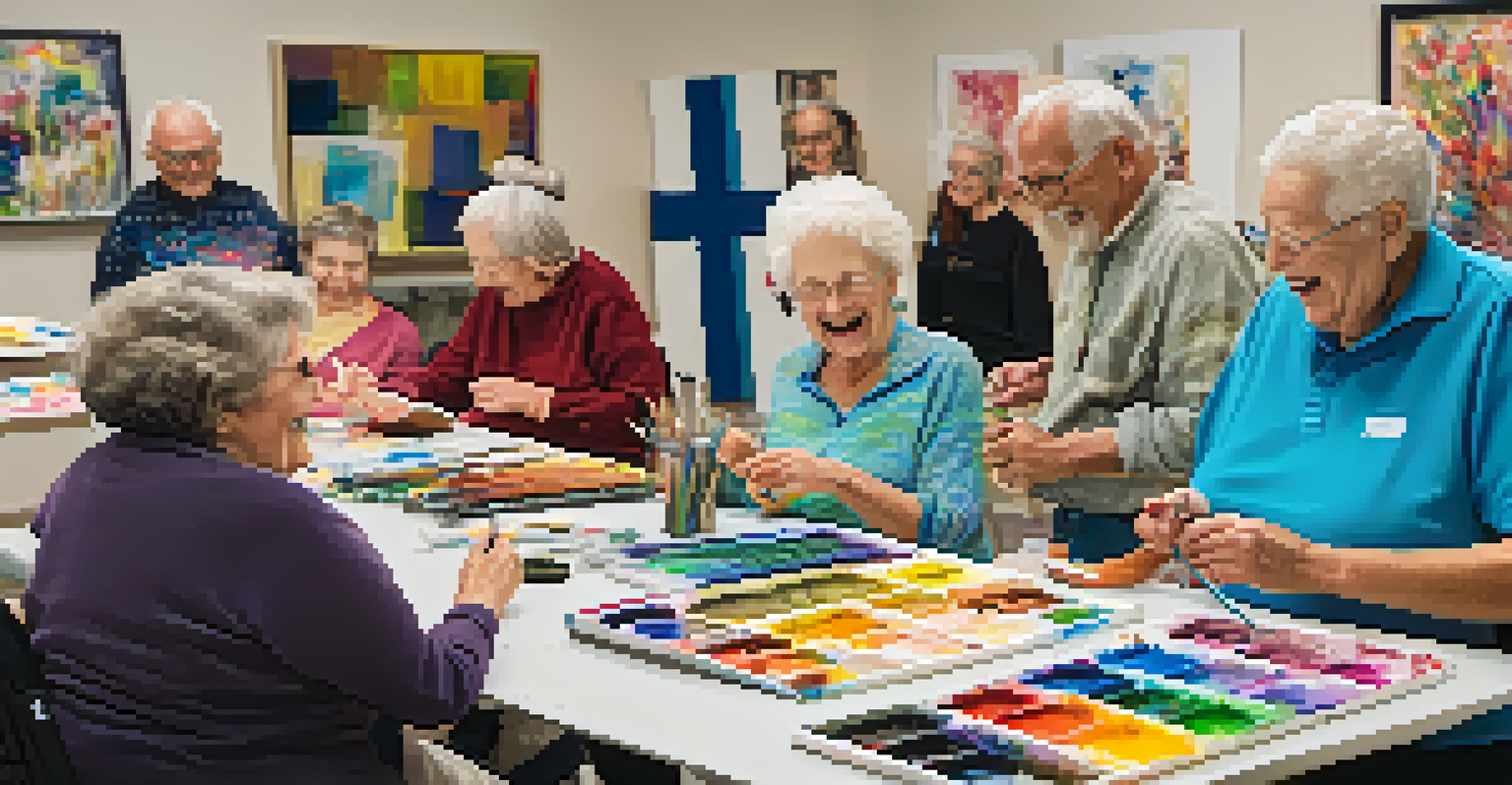 Seniors enjoying a community art class, laughing and collaborating on art projects with colorful artworks around them.