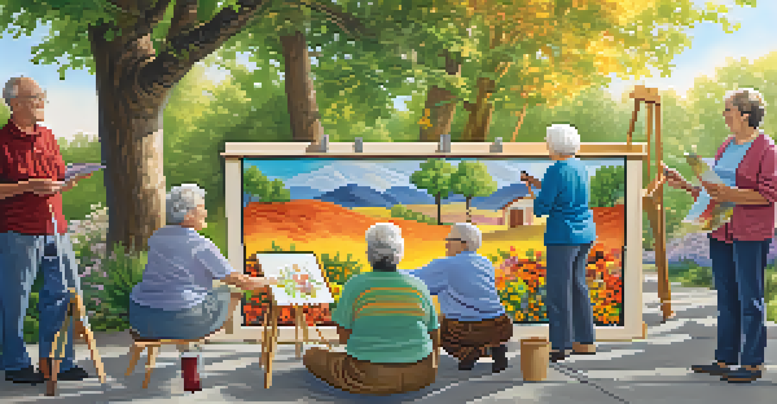 Older adults collaborating on a large colorful mural outdoors, surrounded by nature and a warm sunset.