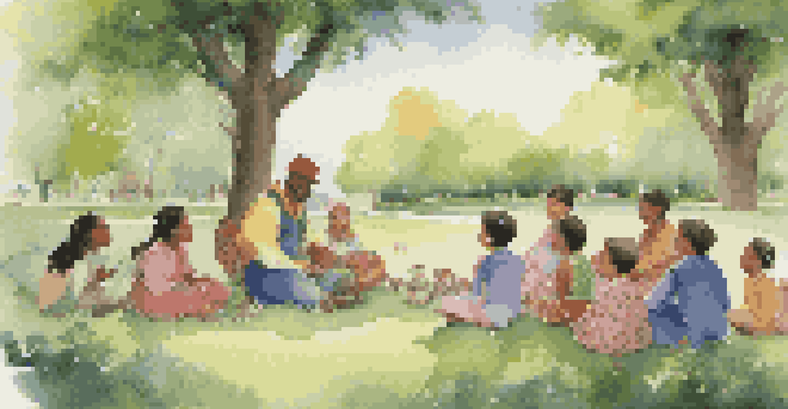 A storyteller engaging children with folklore tales in a vibrant park setting, surrounded by nature, with children sitting attentively around them.