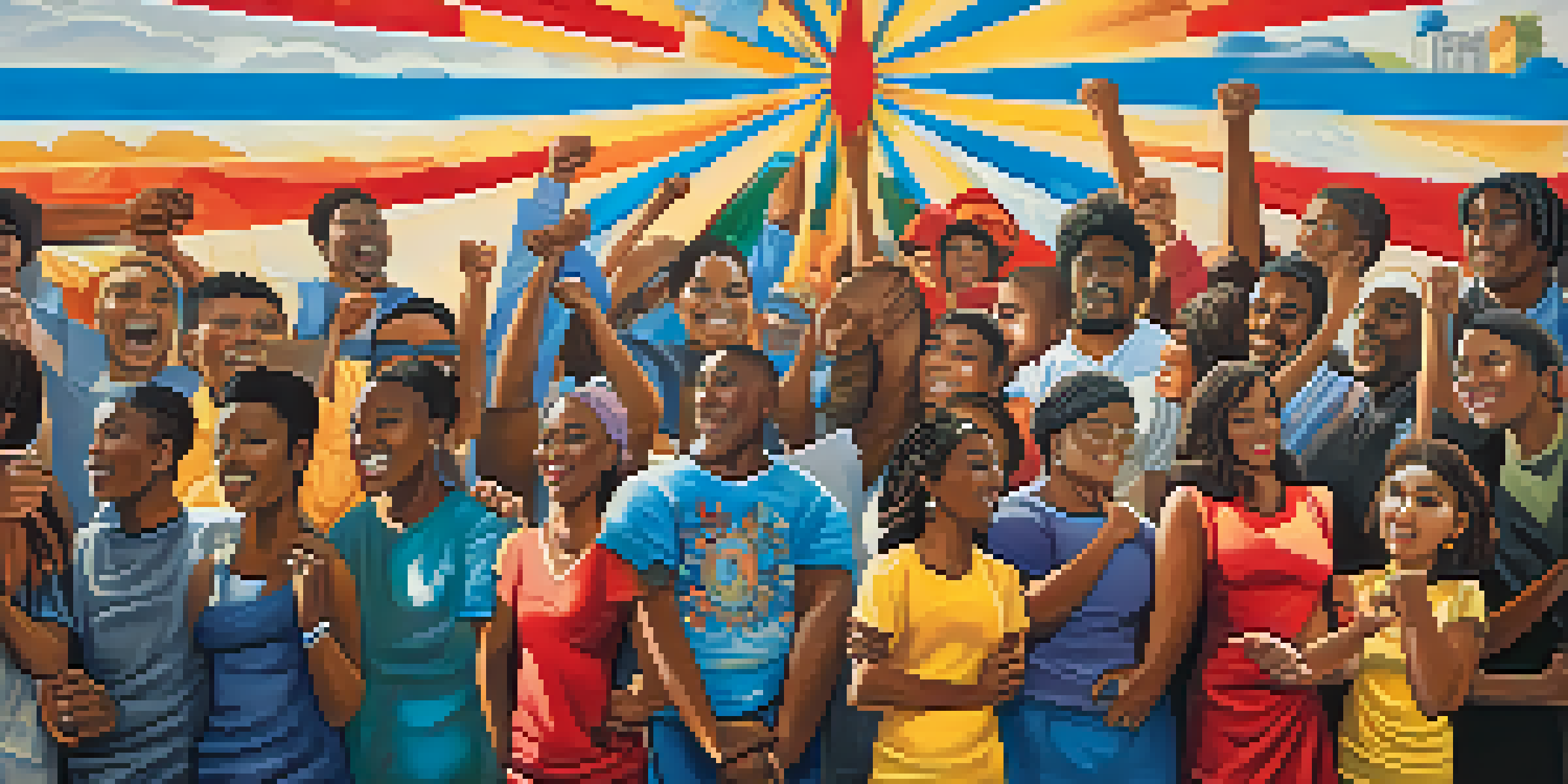 A colorful mural illustrating a diverse group of individuals standing together in solidarity for social justice, with symbols of peace and empowerment.