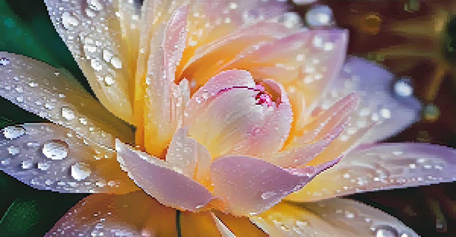 A close-up of a blooming flower with detailed petals and dew drops, set against a soft blurred background.