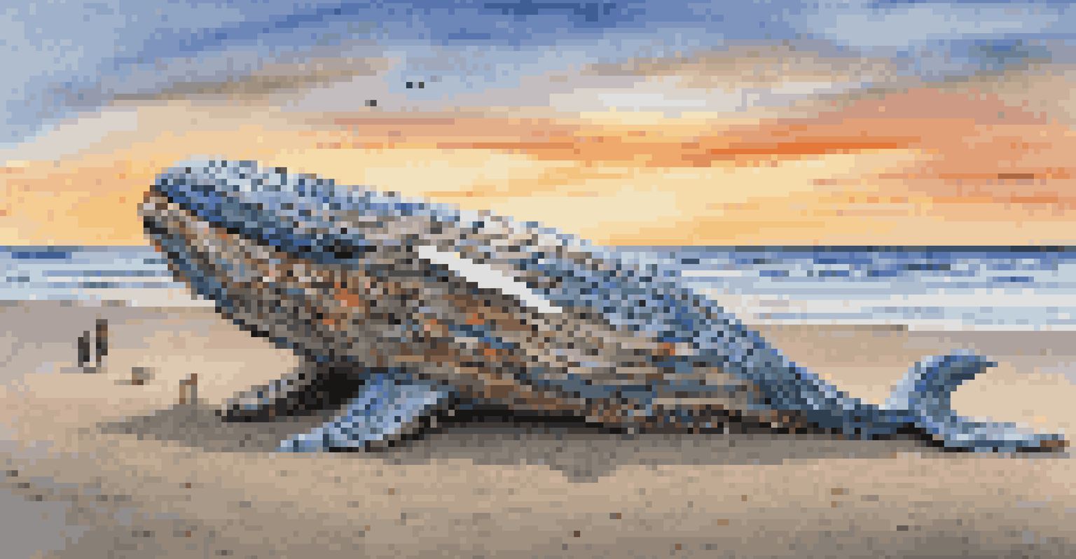 A life-sized whale sculpture created from recycled ocean debris, placed on a beach during sunset, highlighting the issue of plastic pollution.