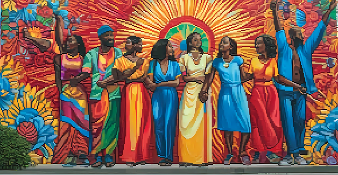 A colorful mural showing a diverse group of people holding hands, surrounded by flowers and peace signs, symbolizing unity.