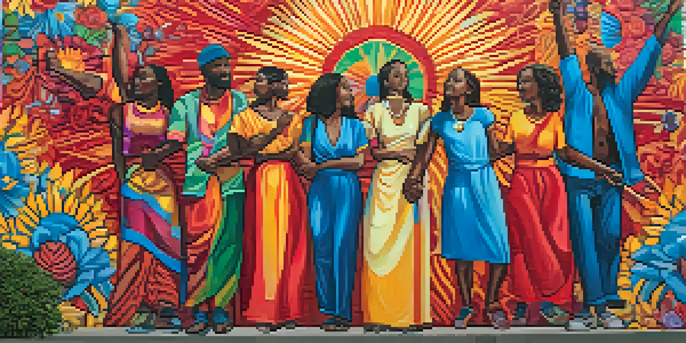 A colorful mural showing a diverse group of people holding hands, surrounded by flowers and peace signs, symbolizing unity.