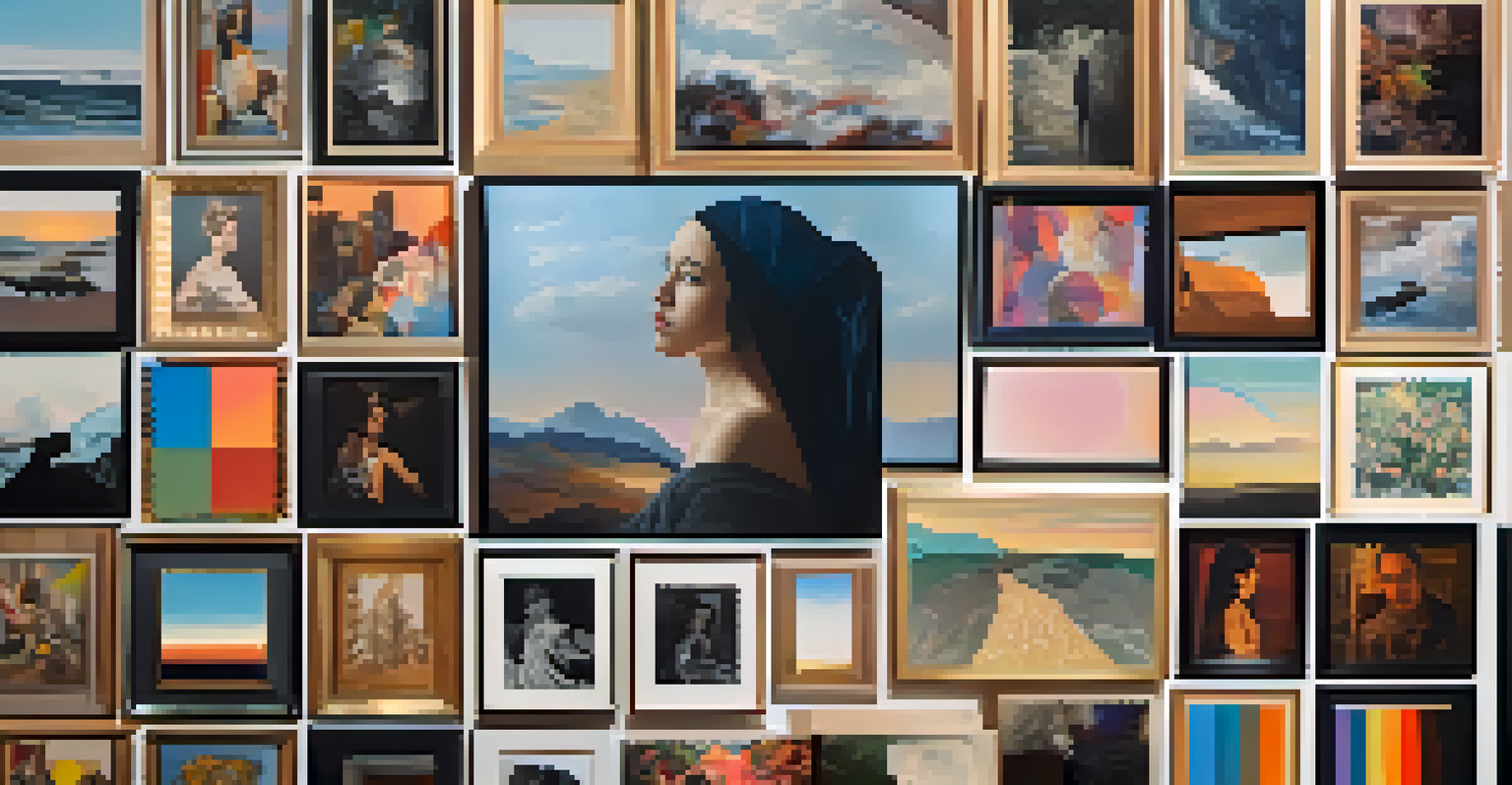 A collage of artworks from various artists of different genders displayed in a gallery, illuminated by soft ambient lighting.