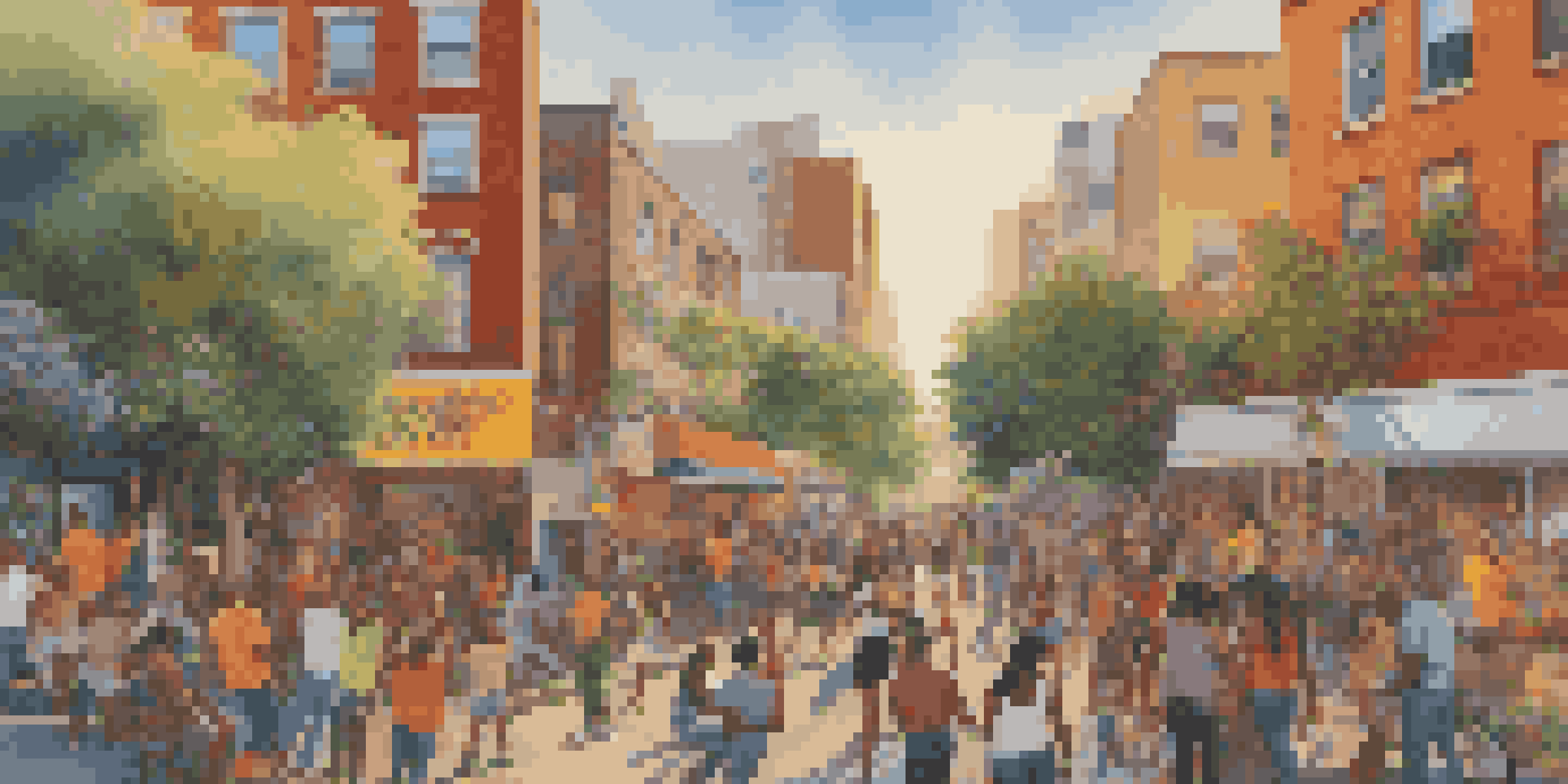 A colorful mural showcasing diverse individuals engaged in artistic activities, illuminated by warm sunlight in an urban setting.