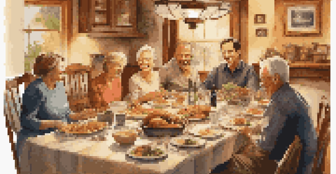 A warm and inviting family gathering with diverse members around a dinner table, filled with food and framed family photos in the background.