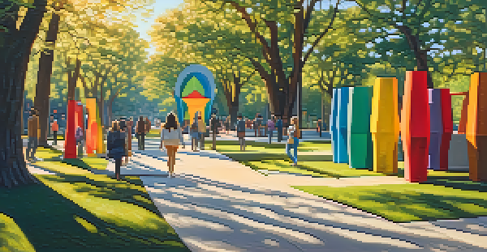An outdoor art installation in a park with colorful sculptures made from recycled materials, illuminated by warm sunlight, and people of various backgrounds enjoying the art.