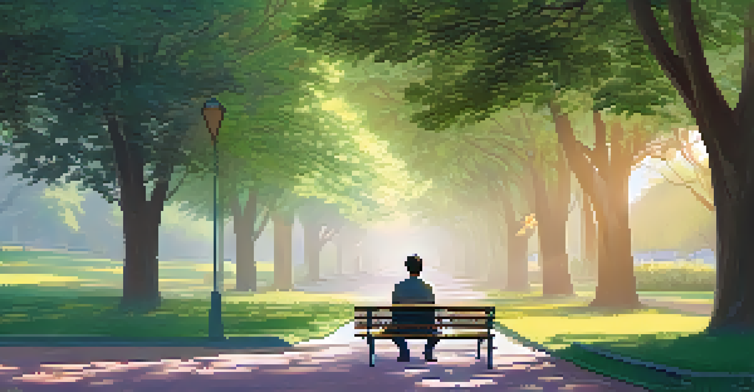 A peaceful park scene showing a person reflecting on mental health awareness amidst blooming flowers and sunlight.