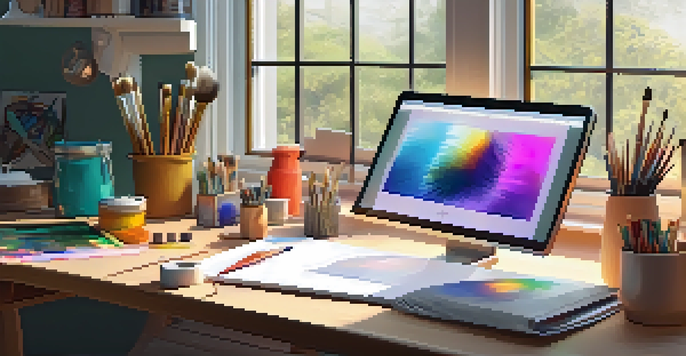 A digital art studio filled with art supplies and a tablet displaying colorful artwork, illuminated by soft natural light.