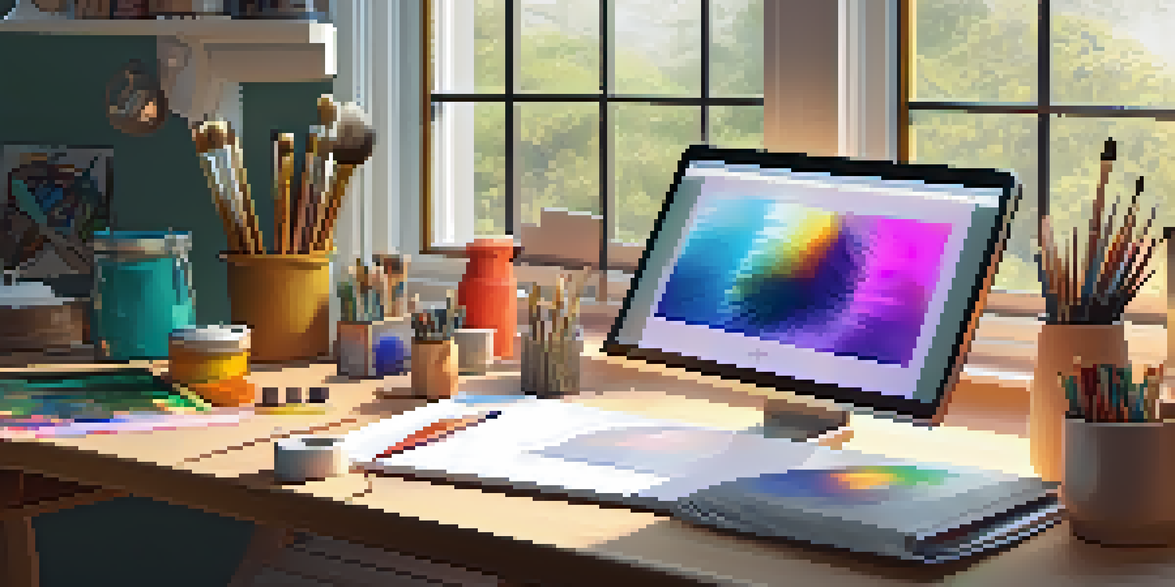 A digital art studio filled with art supplies and a tablet displaying colorful artwork, illuminated by soft natural light.