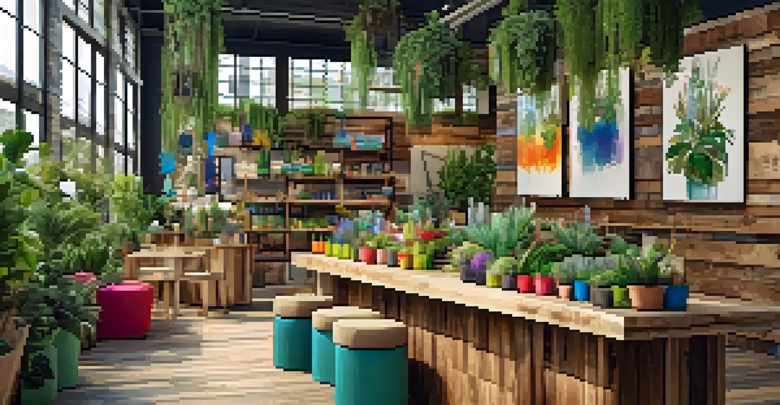 An eco-friendly retail space featuring reclaimed wood furniture and artistic displays made from recycled materials, decorated with plants and vibrant colors.