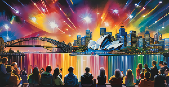 A colorful night view of Sydney with illuminated landmarks during the Vivid Sydney festival, featuring crowds enjoying the light projections and sound.