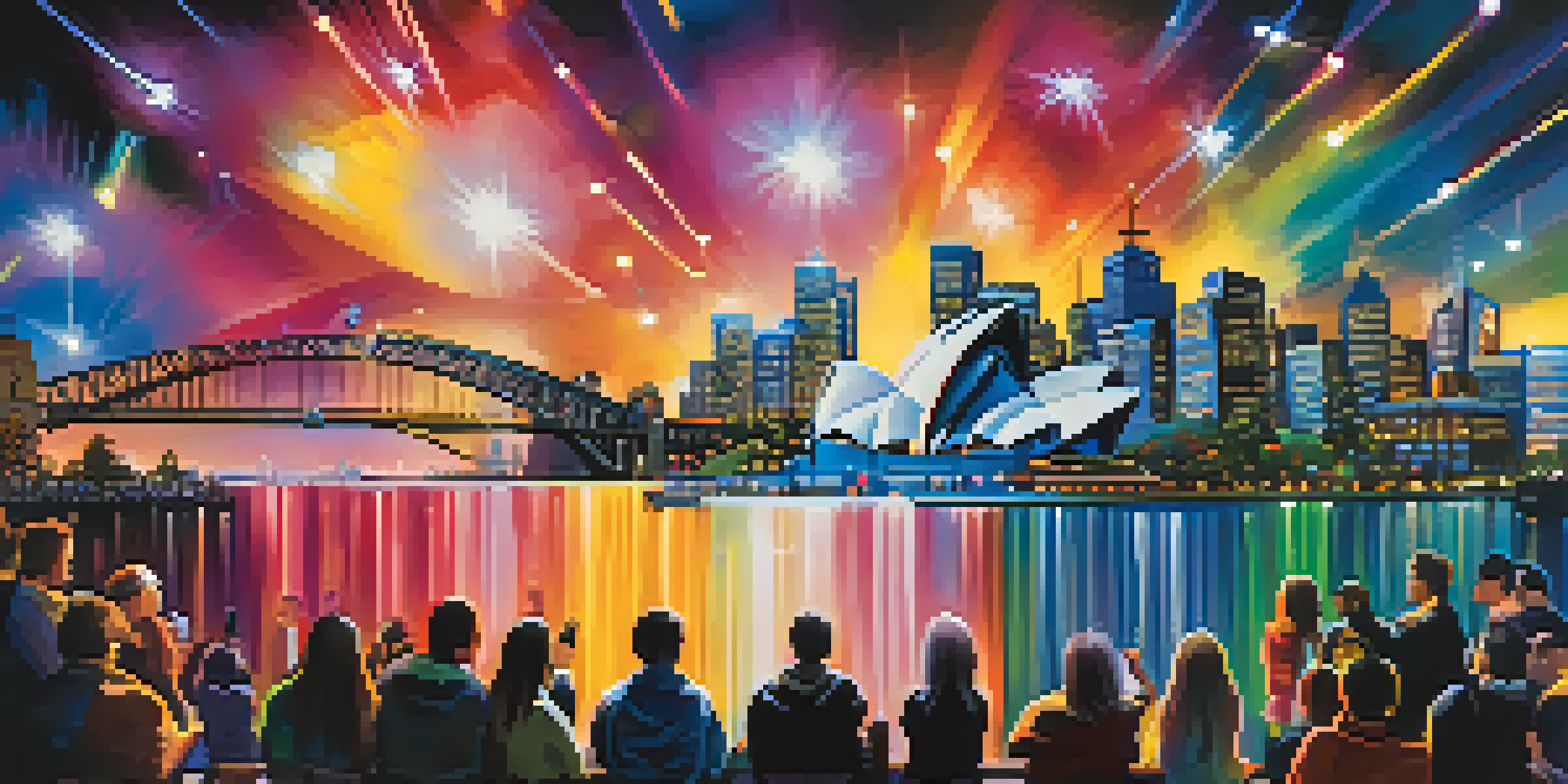 A colorful night view of Sydney with illuminated landmarks during the Vivid Sydney festival, featuring crowds enjoying the light projections and sound.