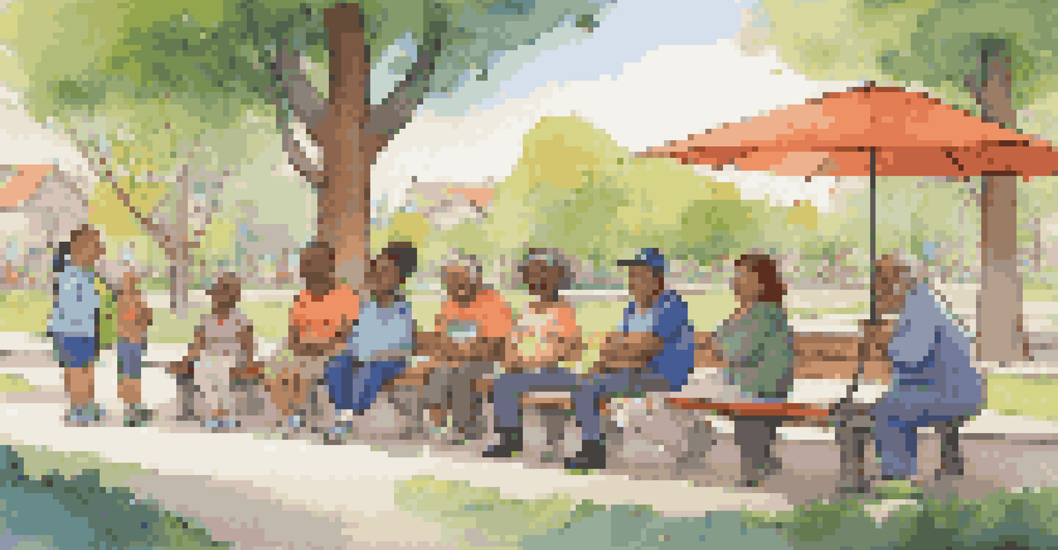 A cartoonish illustration of diverse characters sharing health stories in a park, showcasing community engagement.