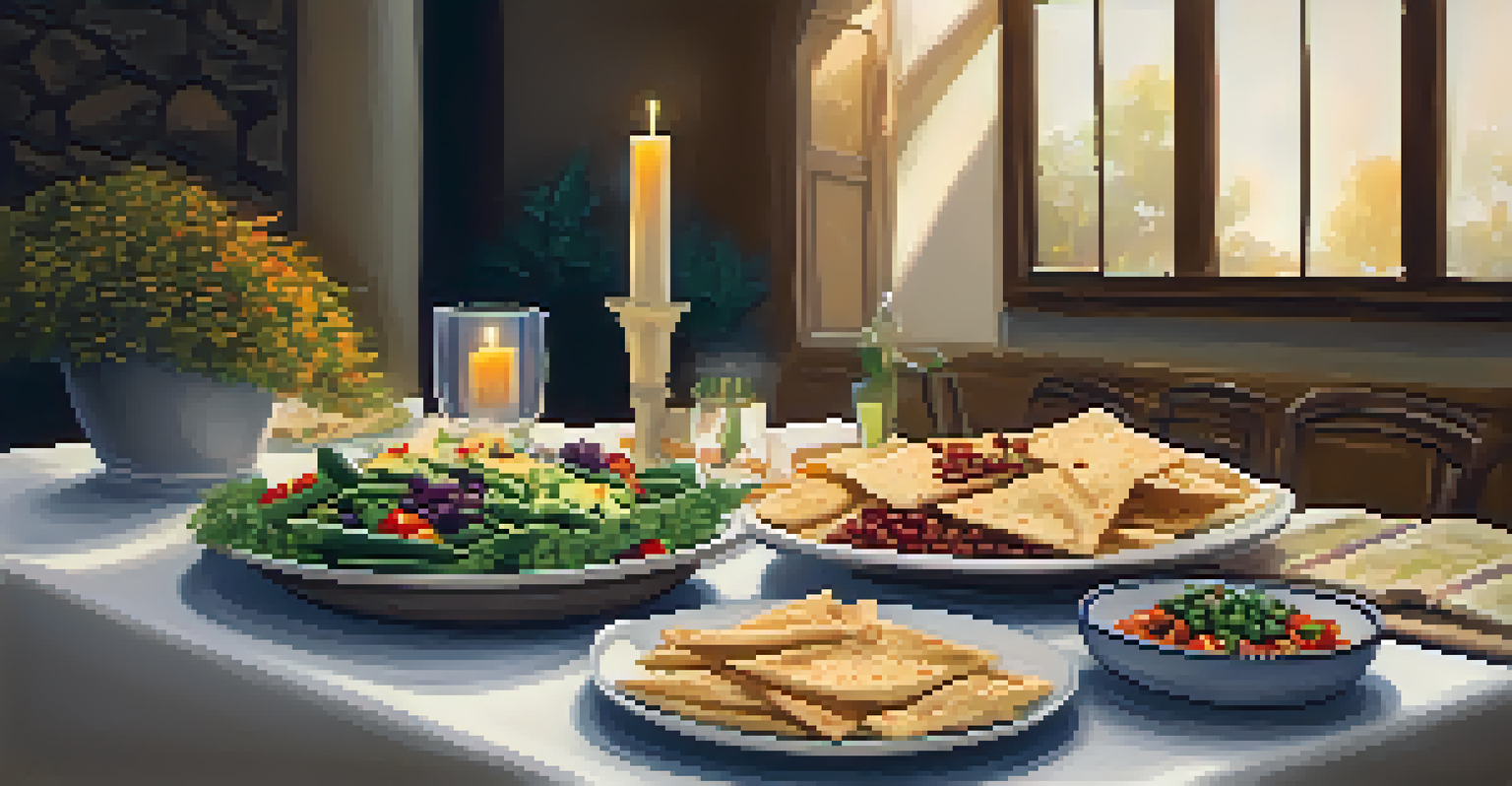 A Mediterranean dining setting with a platter of hummus, pita chips, and fresh vegetables, illuminated by soft candlelight.