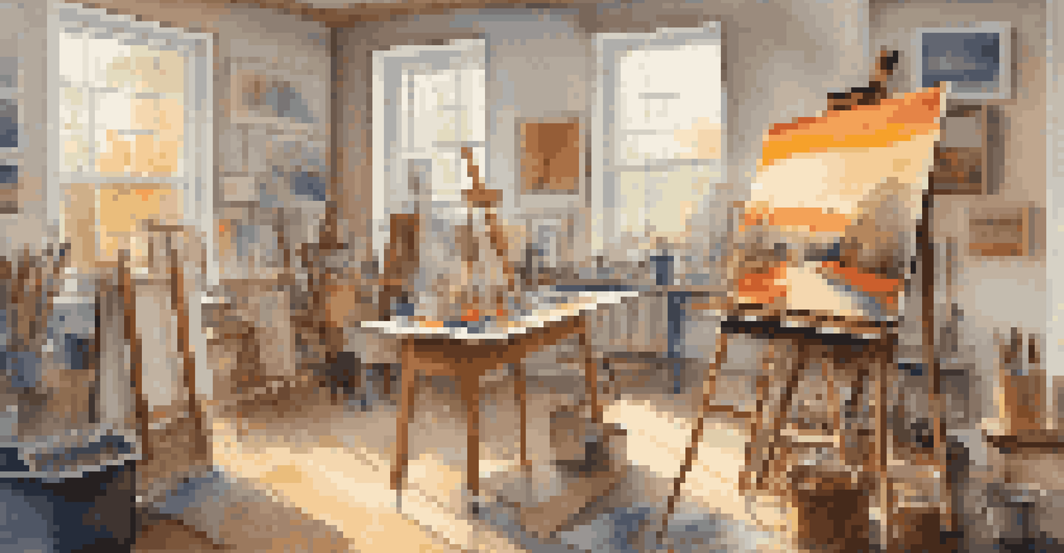 An inviting art studio with paintings and sculptures, filled with natural light.