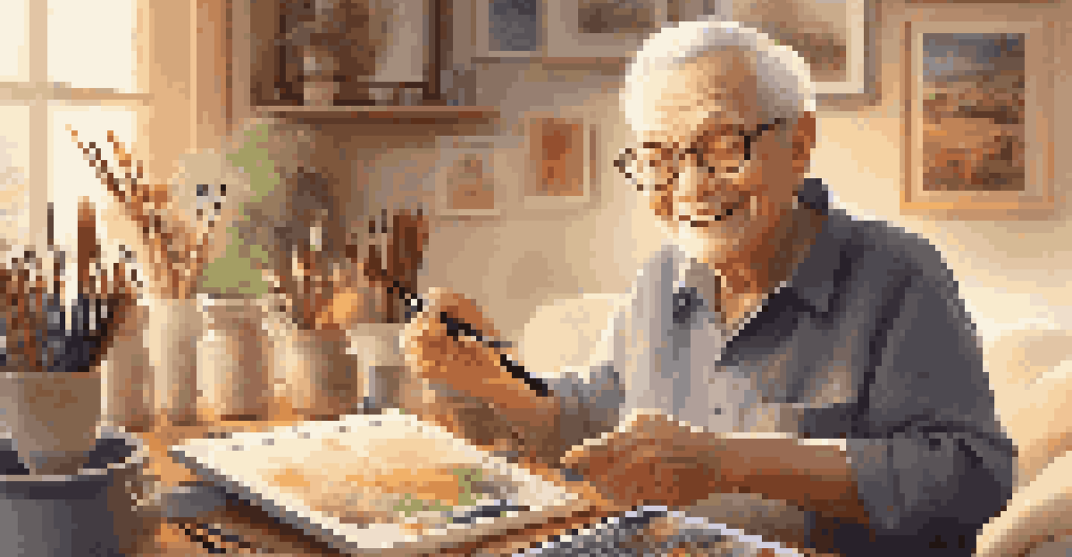 An older adult creating digital art at home, surrounded by traditional art supplies.