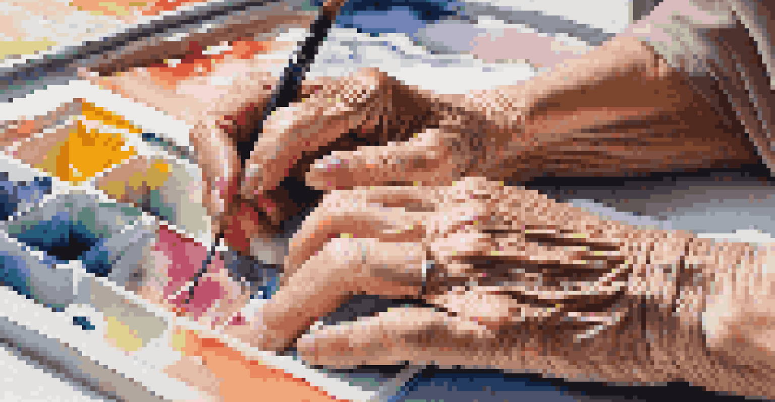 Close-up of an elderly woman's hands painting an abstract piece on canvas, highlighting her paintbrush strokes and vibrant colors against a softly blurred background.