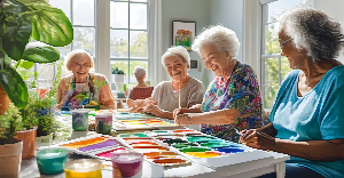 Older adults painting in a bright room filled with plants, showcasing smiles and colorful art supplies.