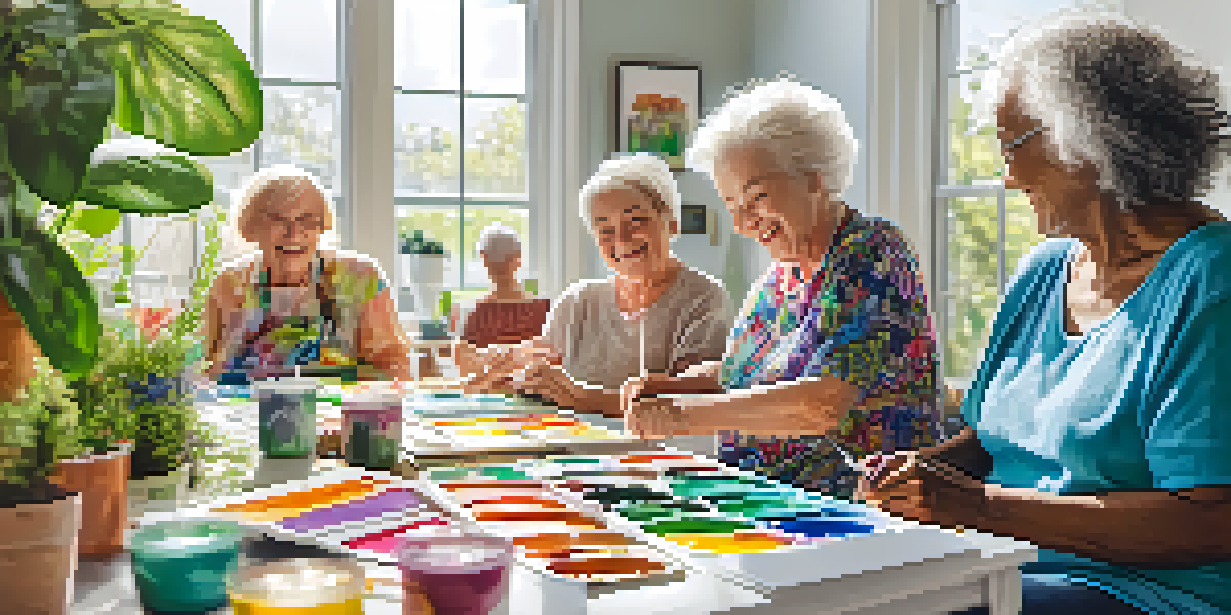 Older adults painting in a bright room filled with plants, showcasing smiles and colorful art supplies.