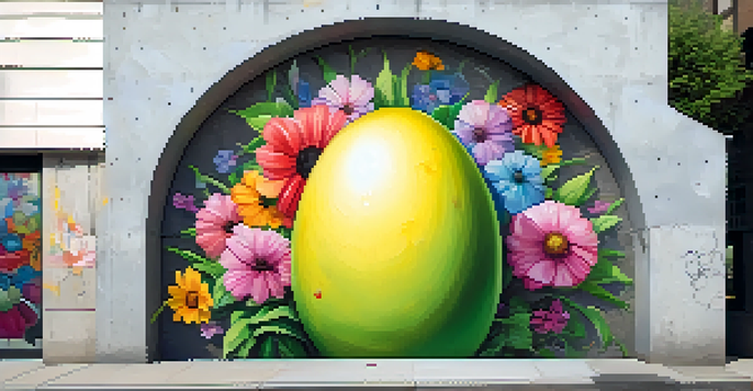 A colorful mural on a concrete wall showing a cracked egg with flowers growing out, symbolizing rebirth and sustainability.