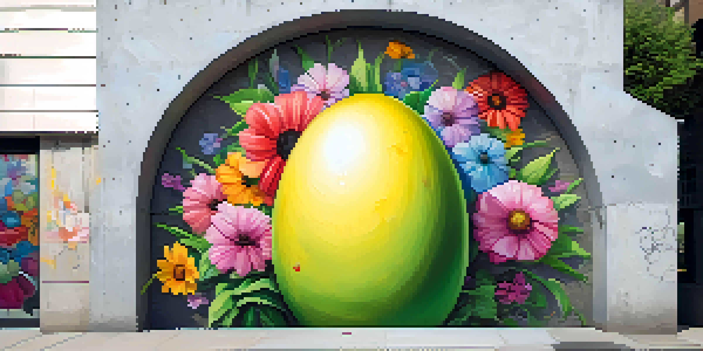 A colorful mural on a concrete wall showing a cracked egg with flowers growing out, symbolizing rebirth and sustainability.