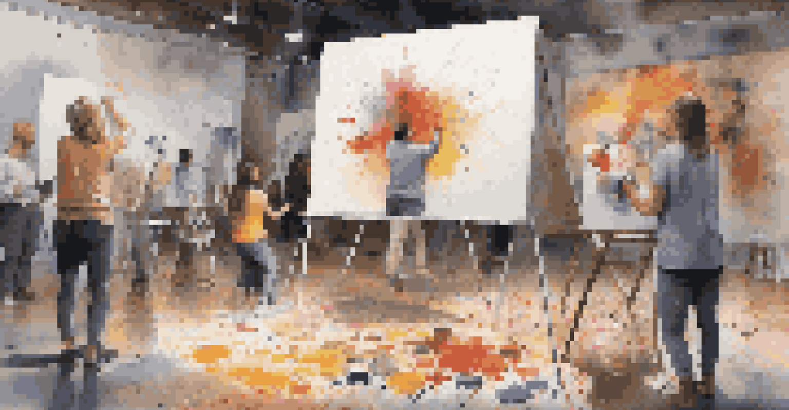 An artist hosting a live painting session, with a digital screen displaying viewer comments, surrounded by art supplies and vibrant colors.