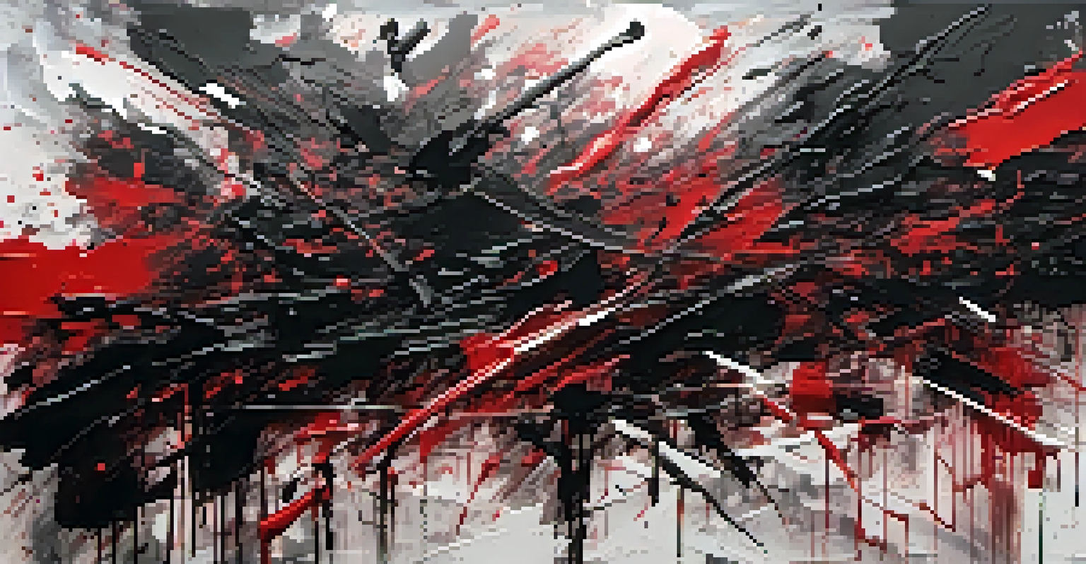 An abstract painting with chaotic brushstrokes and vibrant colors, conveying the emotional turmoil of war.