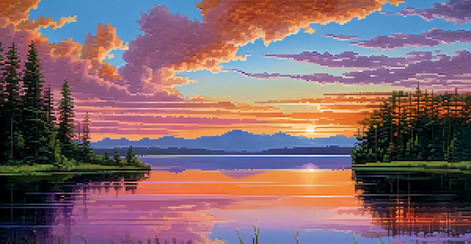 A peaceful lake at sunset, with colorful reflections on the water and forested areas surrounding it.