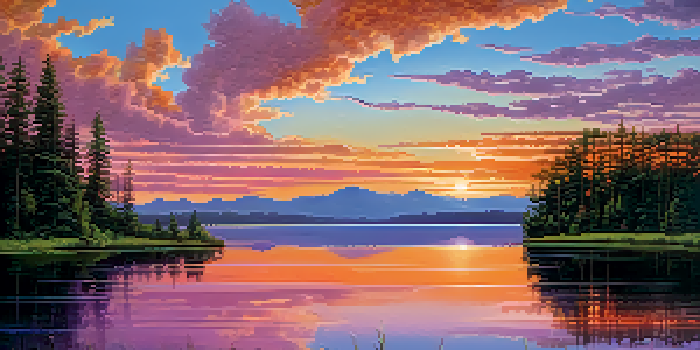 A peaceful lake at sunset, with colorful reflections on the water and forested areas surrounding it.