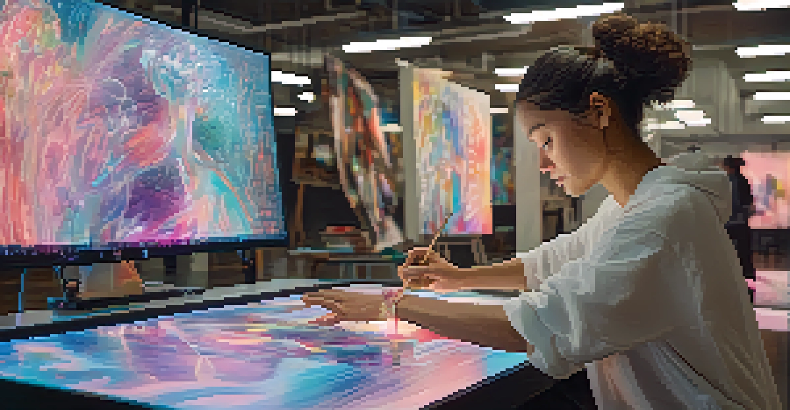 An artist working with a holographic AI figure, surrounded by abstract art and digital screens.