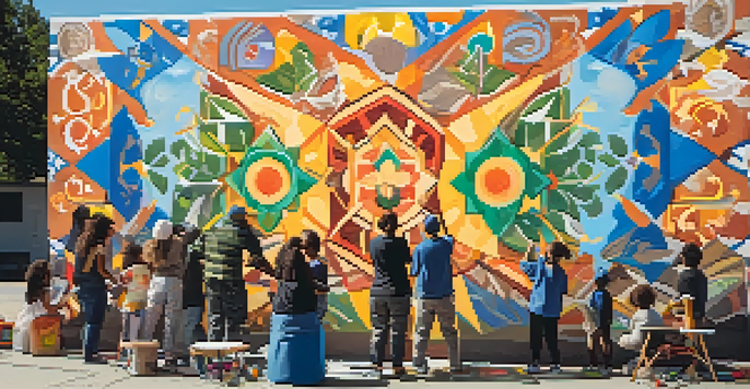A colorful community mural being painted by people of different ages and backgrounds, showcasing unity and cultural heritage.